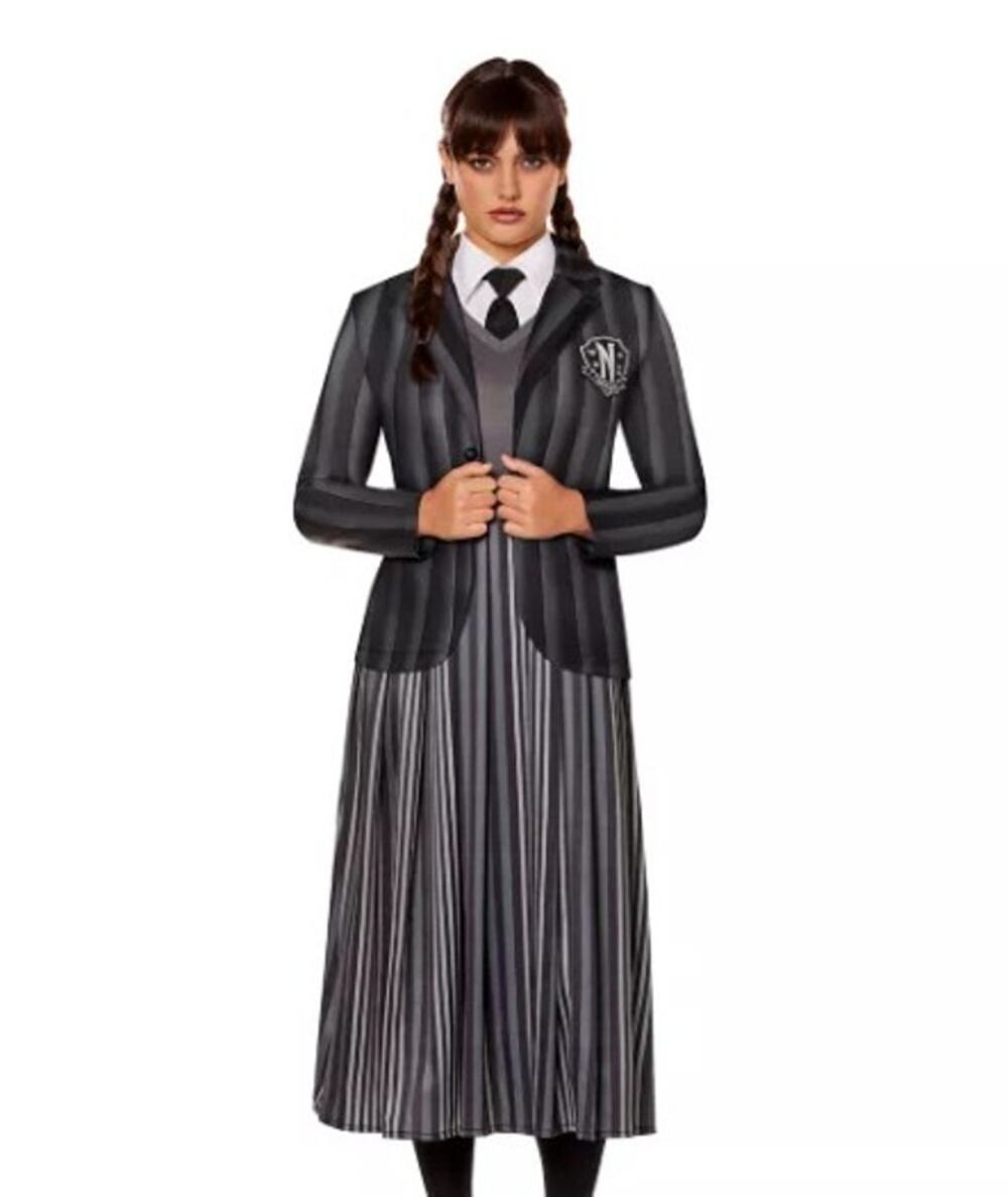 2 Pc Wednesday Addams Adult Costume w/ Wig - Size Medium NEW
